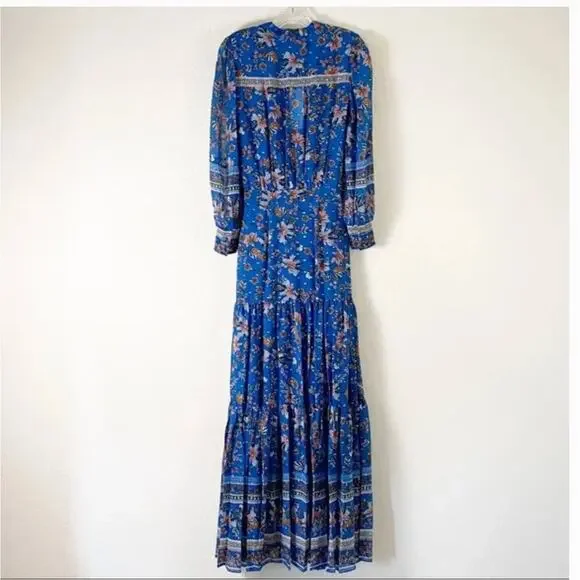 Veronica Beard Sama Silk Maxi Dress 4 Paisley Floral Blue Boho Romantic Western - Picture 11 of 11